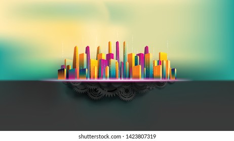 Big city surround by colorful skyscraper building on top of realistic black gears and cogs. Abstract concept. EPS10, VECTOR, illustration. Size ratio 1920x1080 px.