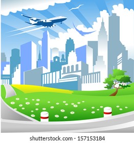 big city with tall buildings and airplane flying in the sky