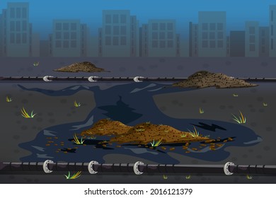 Big city, tubes and desert. Industrial buildings silhouette skyline. Urban scenery, factory pollution and pipe with dirty waste in the city. Landscape with ecology problem concept. Vector illustration