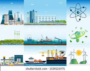 Big city and types of energy sources infographic. Vector of a megalopolis with, plants, factory, shipyard, buildings and eco friendly solar panels and wind turbines 