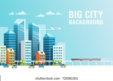 Big city. Urban landscape with buildings, skyscrapers and municipal transport. Real estate and construction industry concept. Vector illustration.