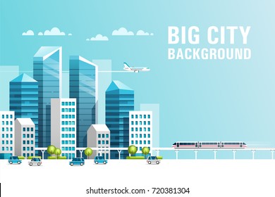 Big city. Urban landscape with buildings, skyscrapers and municipal transport. Real estate and construction industry concept. Vector illustration.