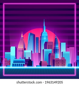 big city urban silhouette skyscraper building sunset neon blue pink purple color retro 80s vintage style with gradient background