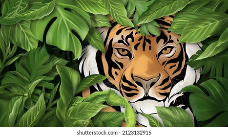 A big clam tiger is sitting behind many green leaves and looking straight for waiting something. Digital hand drawn and painted image.