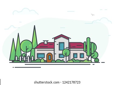 Big classic house surrounded with trees. Green park or garden. Real estate cottage background for banner. Modern line vector illustration. White fence and a lot of trees on background.