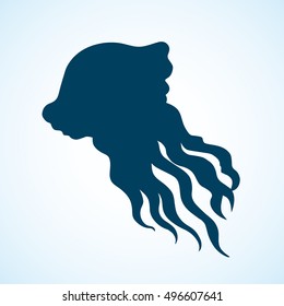 Big clean curve hydrozoa blubber nettle-fish isolated on white backdrop. Black ink hand drawn picture sketch in art retro style pen on paper. Closeup view with space for text
