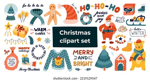 Big clipart and lettering set for Christmas, New Year. Hand drawn isolated vector. Fir tree, Santa Claus, cute bear, winter clothes, holiday sweet, lights, sleigh, gift, bag, gingerbread, snowy house.