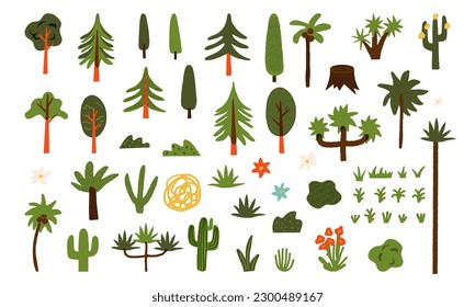 Big clipart set of various green, scrubs, deciduous and coniferous trees. South, west and northern plants, Oak, fir trees, coconut palm trees, grass, flowers, cactuses, cypress, etc. Vector collection