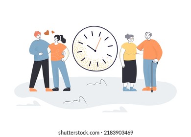 Big clock between happy young and old couples. Cartoon husband and wife spending lives together flat vector illustration. Time, love, romance, family concept for banner, website design or landing
