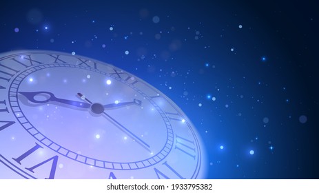 Big clock in the dark or space and blue sparks