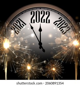 Big clock showing 2022 with golden fireworks. Happy new year. Vector holiday illustration.