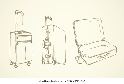 Big closed carry trunk box sac on white airport backdrop. Old suit case holdall carryall freehand outline black ink hand drawn logo sketchy in retro art doodle style pen on paper with space for text