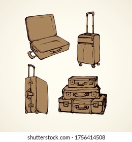 Big closed carry trunk box sac set on white airport backdrop. Old suit case holdall carryall freehand outline black ink hand drawn object logo design in retro art doodle style pen on paper text space