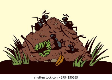 Big closeup funny red arachnid organic rookery dirt leg. Outline brown hand drawn dirty fun large formicary logo sign design. Comic vintage art print style. Close up detail macro view light text space