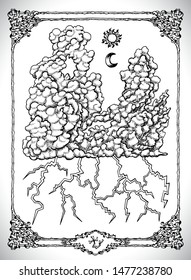 Big cloud with lightning, storm symbol. Vector line art mystic illustration. Engraved drawing in gothic style. Occult, esoteric and fantasy concept