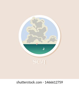 Big cloud over the sea and boats. Round icon. Vector illustration