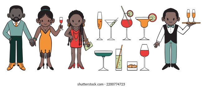 Gran fiesta de cócteles. Mujeres y hombres afroamericanos vestidos con bonitos vestidos. Las bebidas variadas. Un camarero con gafas de champán. Ilustración vectorial de color aislado en estilo de dibujos animados.