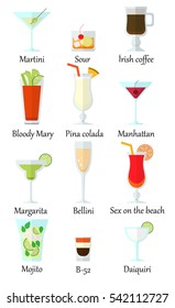 Big cocktail set including most popular cocktails with names  isolated on the white background 