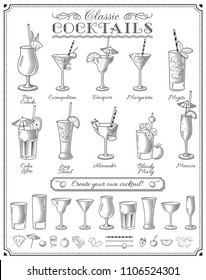 Big Cocktails vector illustrations set with all the most famous cocktails, glasses and ingredients