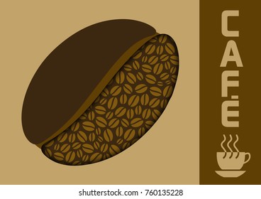 A big coffee bean on a beige background.
An illustration for a card or poster made up of coffee color patterns and text in French to promote quality coffee.