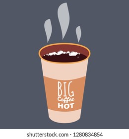 Big Coffee Hot open cup vector illustration isolated on white background. Paper, plastic coffee cup with hot coffee in cartoon style