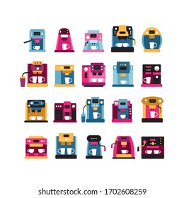 Big coffee machines collection isolated on white background. Flat design vector illustration.