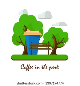 Big coffee in the park and lettering text. Paper cup of coffee, tree, bench, clouds. - Vector. EPS 10