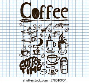 Big coffee set on copybook background. Hand drawn. Vector illustration.