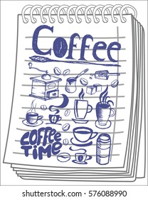 Big coffee set on notebook background. Hand drawn. Vector illustration.