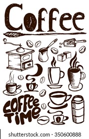 Big coffee set on white background. Free hand drawn. Vector illustration.