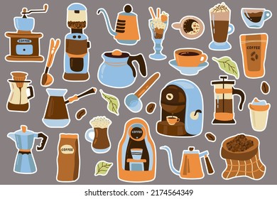 Big coffee sticker set. Vector illustration.