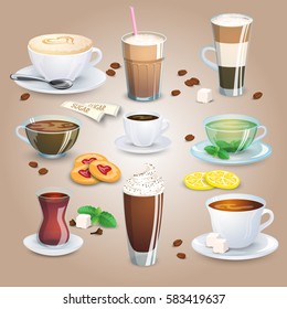 Big coffee and tea collection plus elements for tea and coffee. Vector illustration