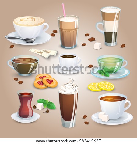 Big coffee and tea collection plus elements for tea and coffee. Vector illustration
