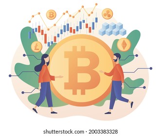 Big coin and tiny people trading and investing in crypto currency. Bitcoin, altcoin. Digital web money. Blockchain. Fintech industry. Business, finance. Modern flat cartoon style. Vector illustration