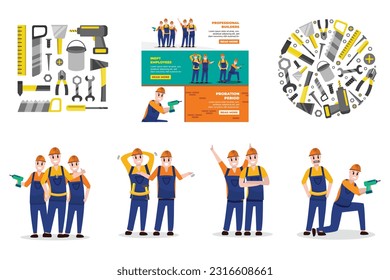 BIG colection on the topic of constrution and building. building tool, house repairing instruments, set of construction tools, builder s kit. builders, handymen, repairmen in helmets. set of male