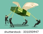 The Big Collaboration project. Businessman catch money shaped like a giant bird will fly away.