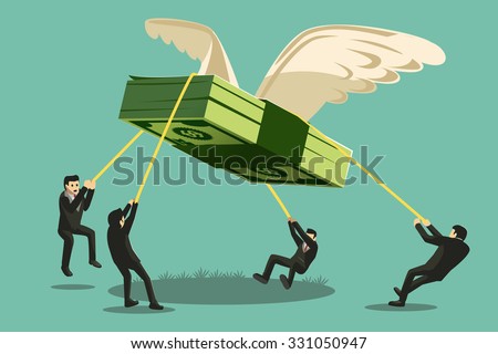 The Big Collaboration project. Businessman catch money shaped like a giant bird will fly away.