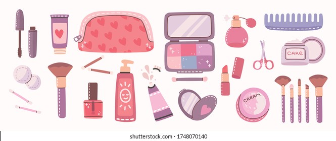 Big collage of cosmetics and body care products for make up. Lipstick, lotion, hair comb, powder, perfumes, brush, nail polish. Vector modern illustration in flat style.