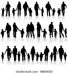 Big collect vector silhouettes of parents with children, element for design