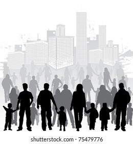 Big collect vector silhouettes of parents with children on grunge urban background, element for design