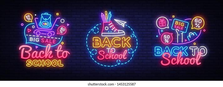 Big collectin neon signs for Back to School. Neon Banner Vector. Back to school design template, modern trend design, night light signboard, night bright advertising. Vector illustration