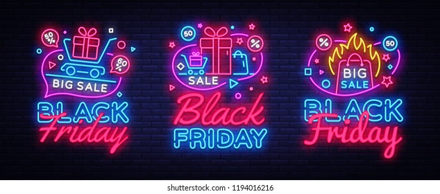 Big collectin neon signs for Black Friday Sale. Neon Banner Vector. Black Friday neon sign, design template, modern trend design, night light signboard, night bright advertising. Vector illustration