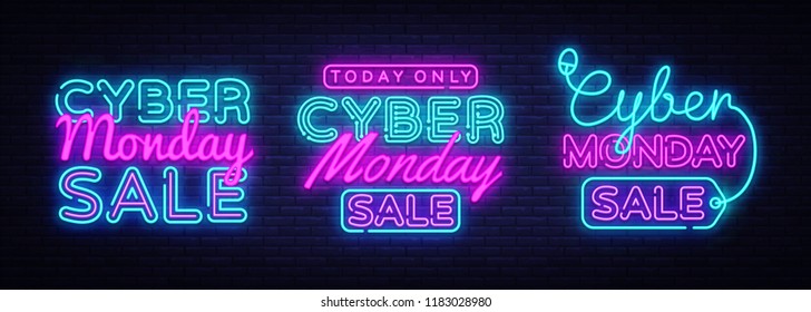 Big collectin neon signs for Cyber Monday. Neon Banner Vector. Cyber Monday neon sign, design template, modern trend design, night light signboard, night bright advertising. Vector illustration