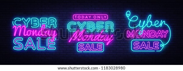 Big collectin neon signs for Cyber Monday.\
Neon Banner Vector. Cyber Monday neon sign, design template, modern\
trend design, night light signboard, night bright advertising.\
Vector illustration