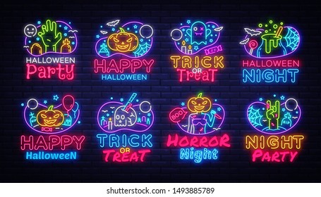 Big collectin neon signs for Halloween. Halloween Party Neon Banner Vector. Horro Night design template for greeting cards and posters, modern trend design, night light signboard. Vector