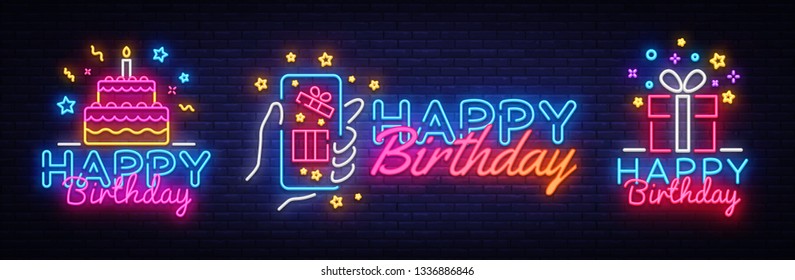 Big collectin neon signs for Happy Birthday. Neon Banner Vector. Happy Birthday neon sign, design template, modern trend design, night light signboard, night bright advertising. Vector illustration