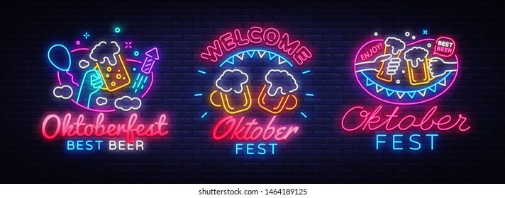 Big collectin neon signs for Oktoberfest. Beer Bavarian Festival Neon Banner Vector. Oktoberfest design template for greeting cards and posters, modern trend design, night light signboard. Vector