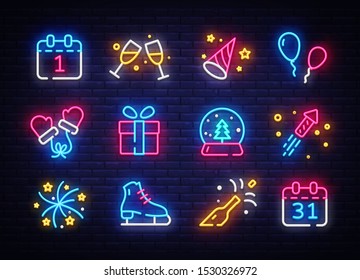 Big collectin New Year neon signs. Happy New Year Neon Icons Vector. Merry Christmas icons lights design template, modern trend design, night light signboard, night bright advertising. Vector.