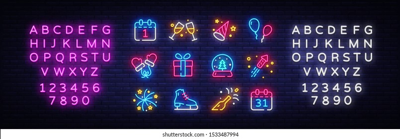 Big collectin New Year neon signs. Happy New Year Neon Icons Vector. Merry Christmas icons lights design template, modern trend design, night light signboard. Vector. Editing text neon sign.