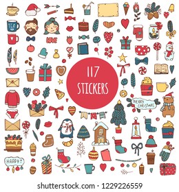 Big collection of 117 element of Merry Christmas And Happy New Year flowers. Greeting stylish illustration of winter flowers, leafs, wreaths, toys. Template crapbooking, Stickers, Planner,Invitations.